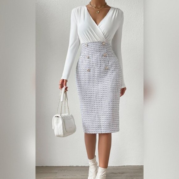 Dresses & Skirts - Plaid Print Surplice Neck Split Back Dress